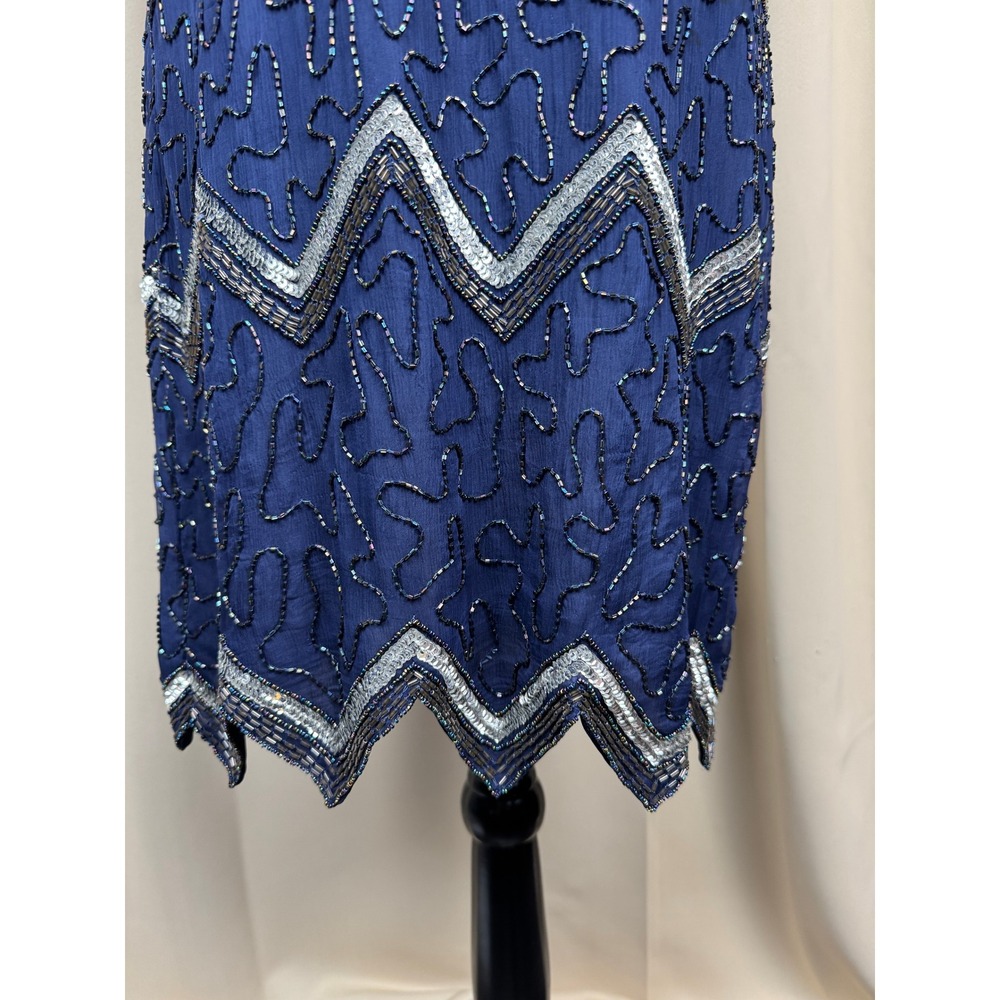 Vintage 80s Laurence Kazar New York Silk Beaded Dress Blue Art Deco Midi PL - Picture 3 of 11